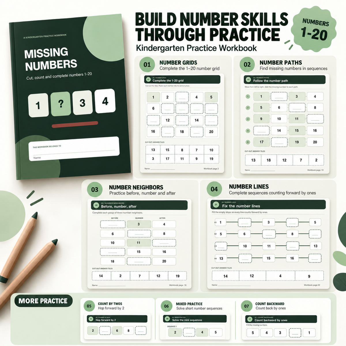 Missing Numbers 1–20 | Kindergarten Workbook - preview 4