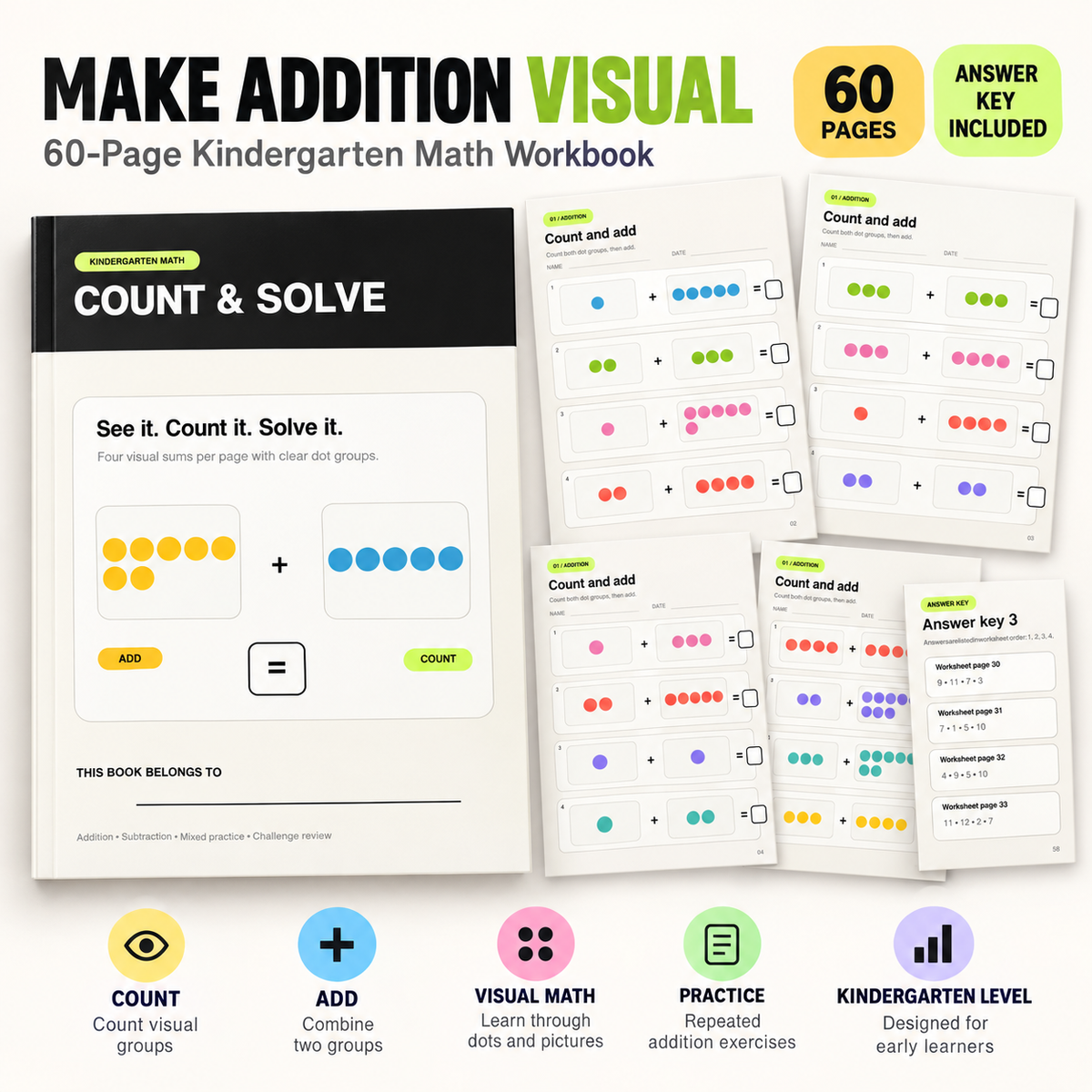 Kindergarten Visual Sums | 60-Page Math Workbook - preview 4