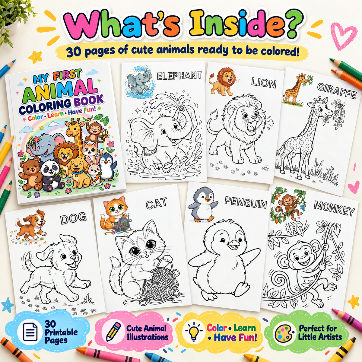 Animal Colouring Book | 30 Printable Pages - preview 2