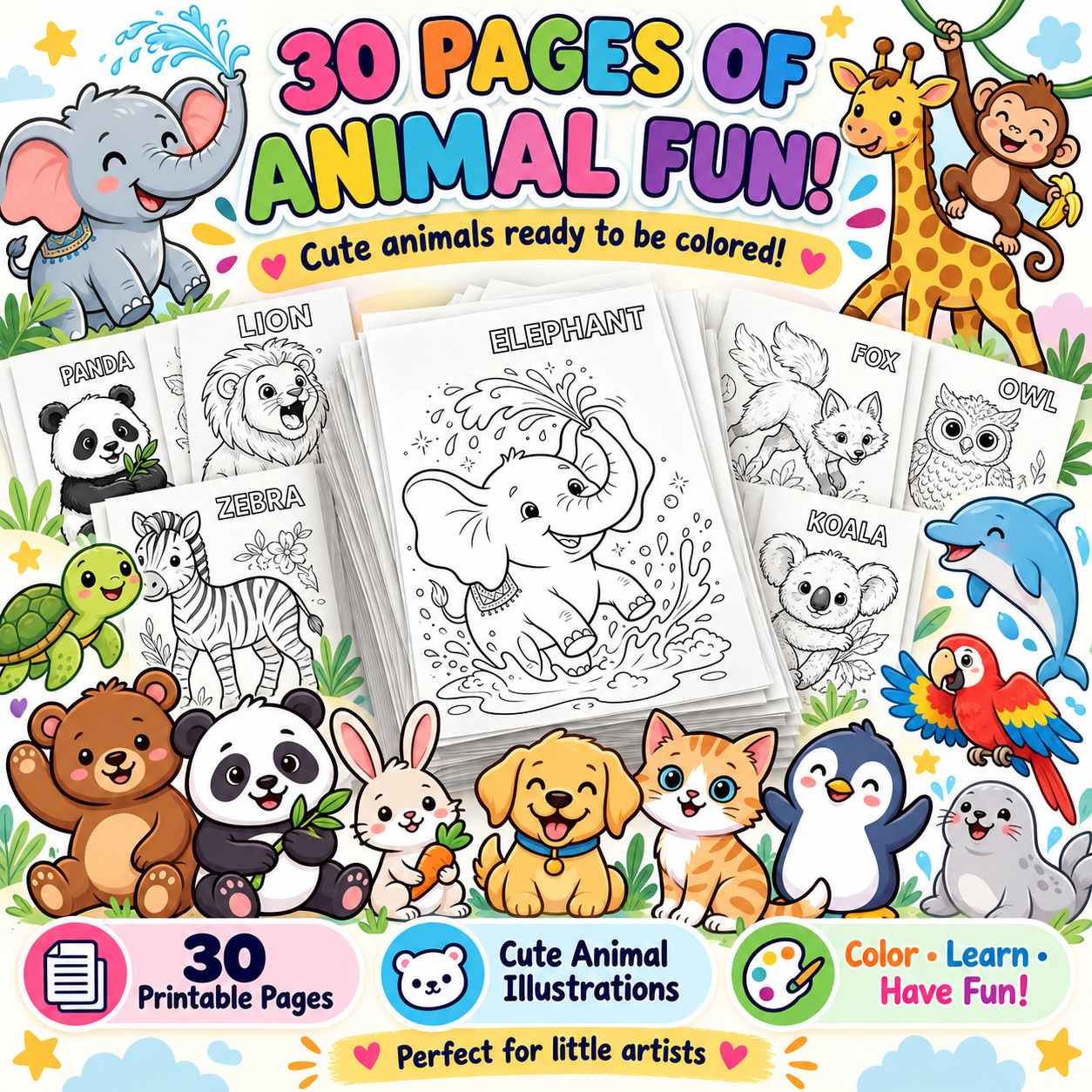 Animal Colouring Book | 30 Printable Pages - preview 4